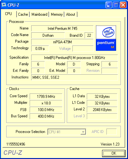��������� Pentium M (���� Dothan) � �������� �������� 1,8 ���